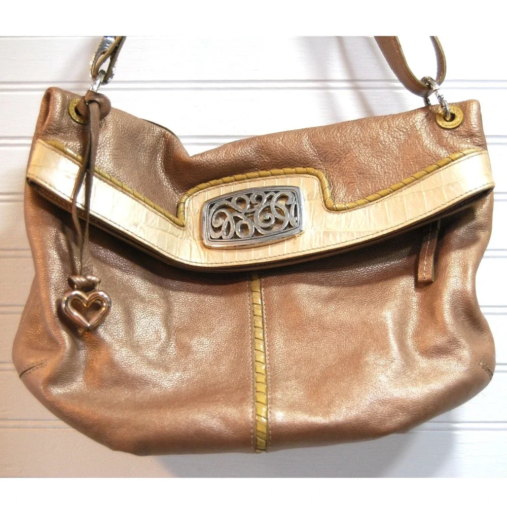 Vintage Brighton Hobo Purse Y2K Fold over Leather Shoulder bag Metallic Beige